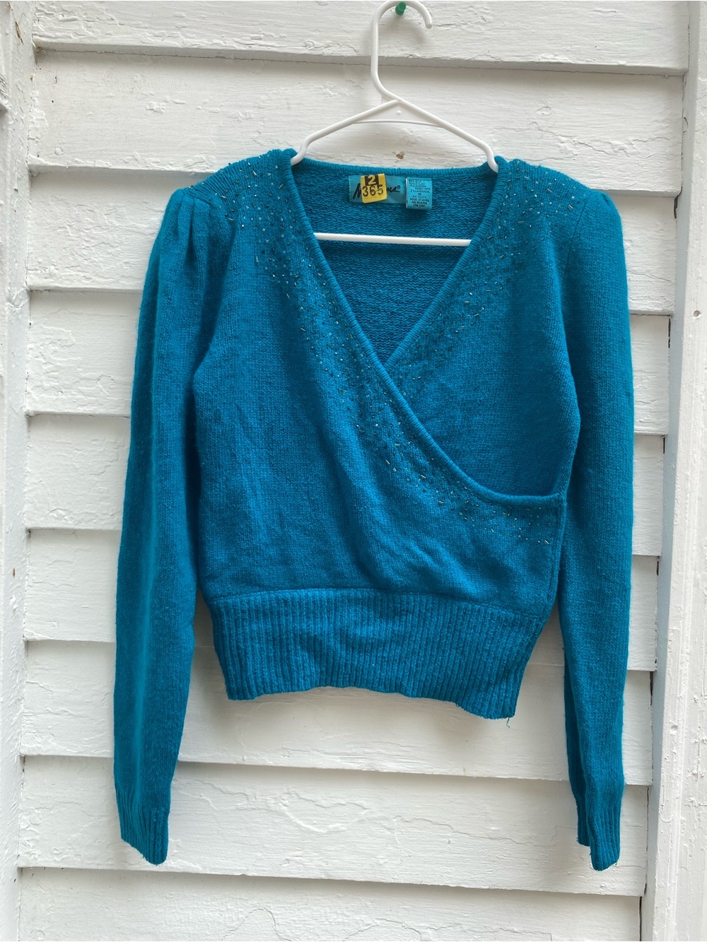 Bold Teal Wrap-Front V-Neck Sweater with Subtle Shoulder Neckline Embellishments